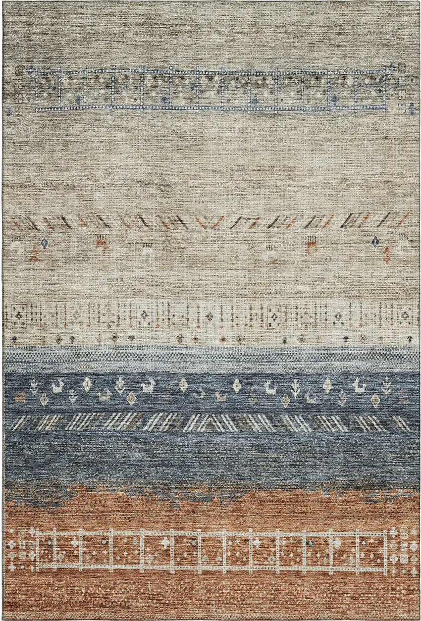 Brown Beige And Navy Blue Geometric Washable Area Rug With UV Protection Photo 3