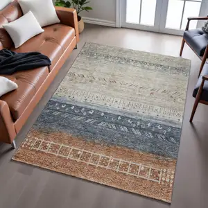Photo of Brown Beige And Navy Blue Geometric Washable Area Rug With UV Protection