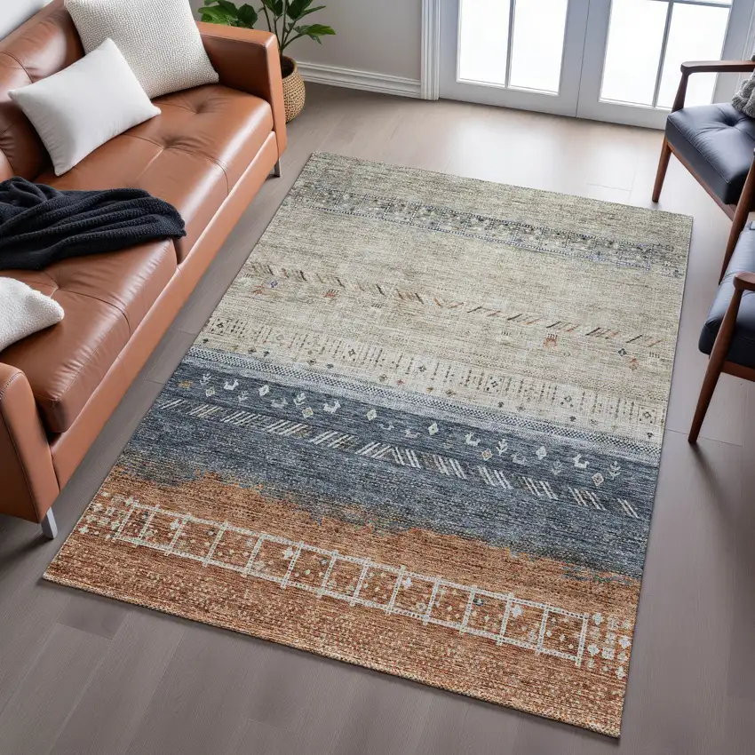 Brown Beige And Navy Blue Geometric Washable Area Rug With UV Protection Photo 1