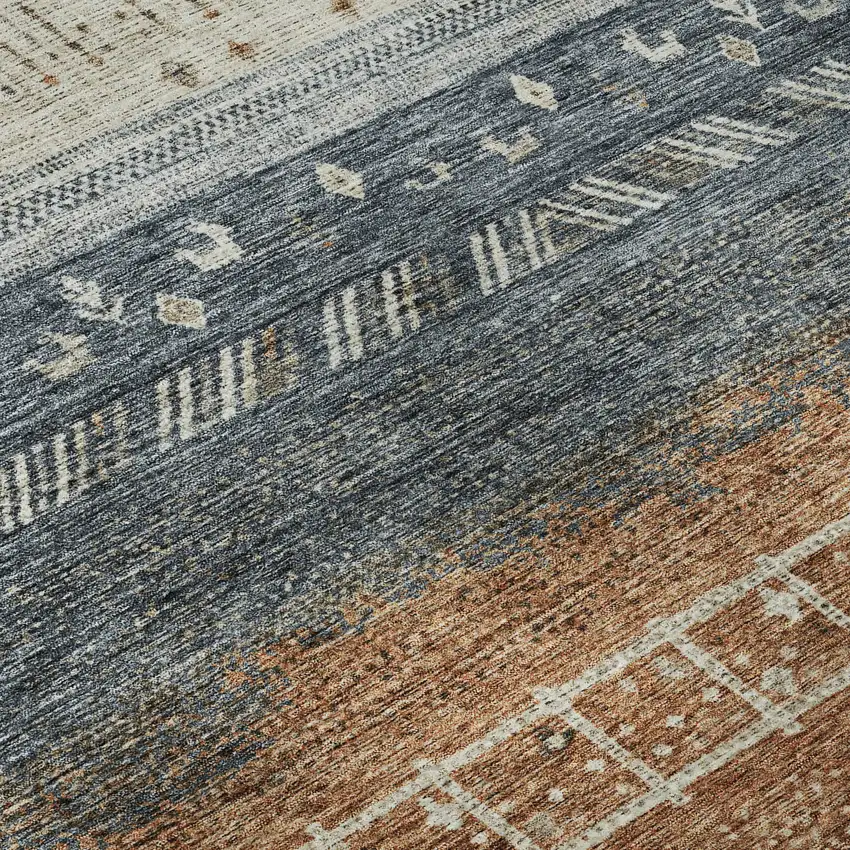 Brown Beige And Navy Blue Geometric Washable Area Rug With UV Protection Photo 7