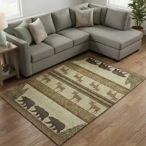 Photo of Brown Beige And Rust Animal Print Washable Area Rug With UV Protection