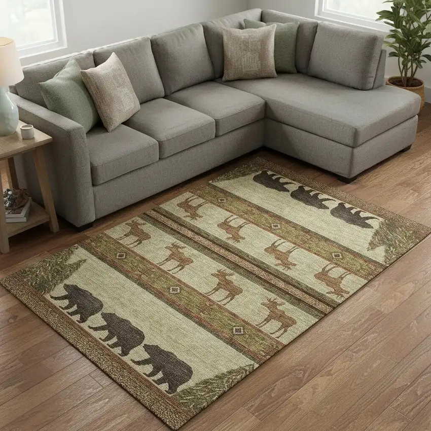 Brown Beige And Rust Animal Print Washable Area Rug With UV Protection Photo 1