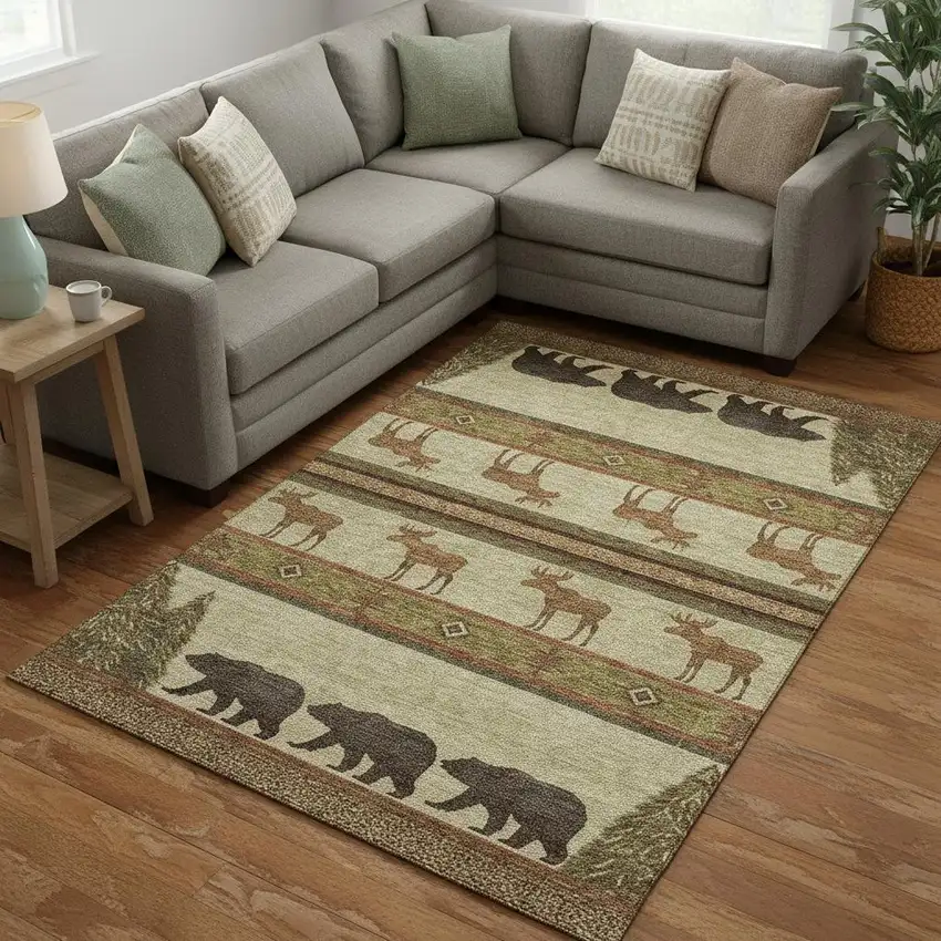 Brown Beige And Rust Animal Print Washable Area Rug With UV Protection Photo 1