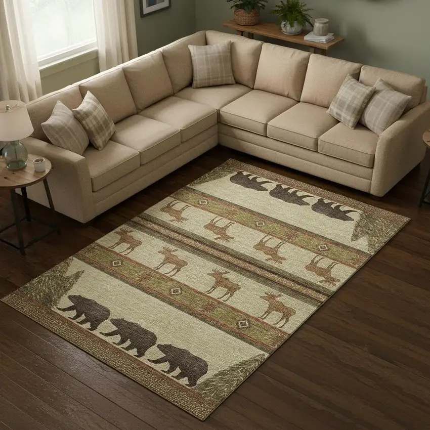 Brown Beige And Rust Animal Print Washable Area Rug With UV Protection Photo 1