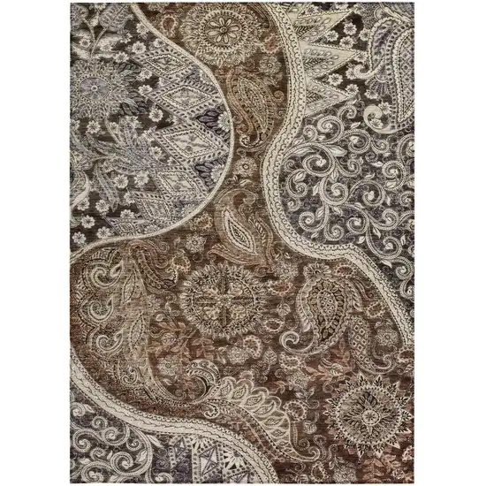 Brown Beige And Tan Floral Medallion Washable Indoor Outdoor Area Rug Photo 6