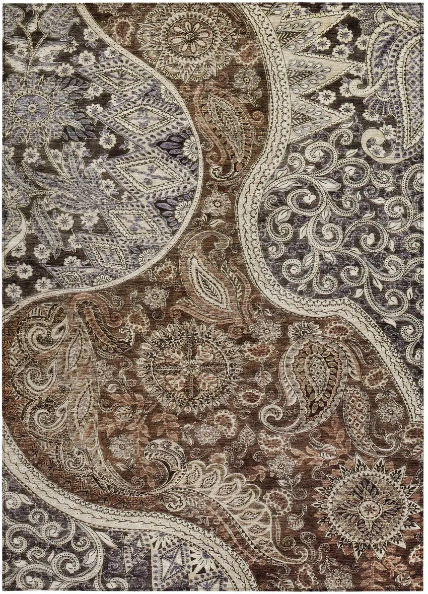 Brown Beige And Tan Floral Medallion Washable Indoor Outdoor Area Rug Photo 6