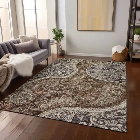 Brown Beige And Tan Floral Medallion Washable Indoor Outdoor Area Rug Photo 9
