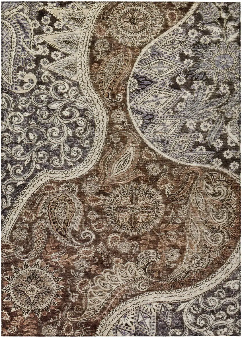 Brown Beige And Tan Floral Medallion Washable Indoor Outdoor Area Rug Photo 2