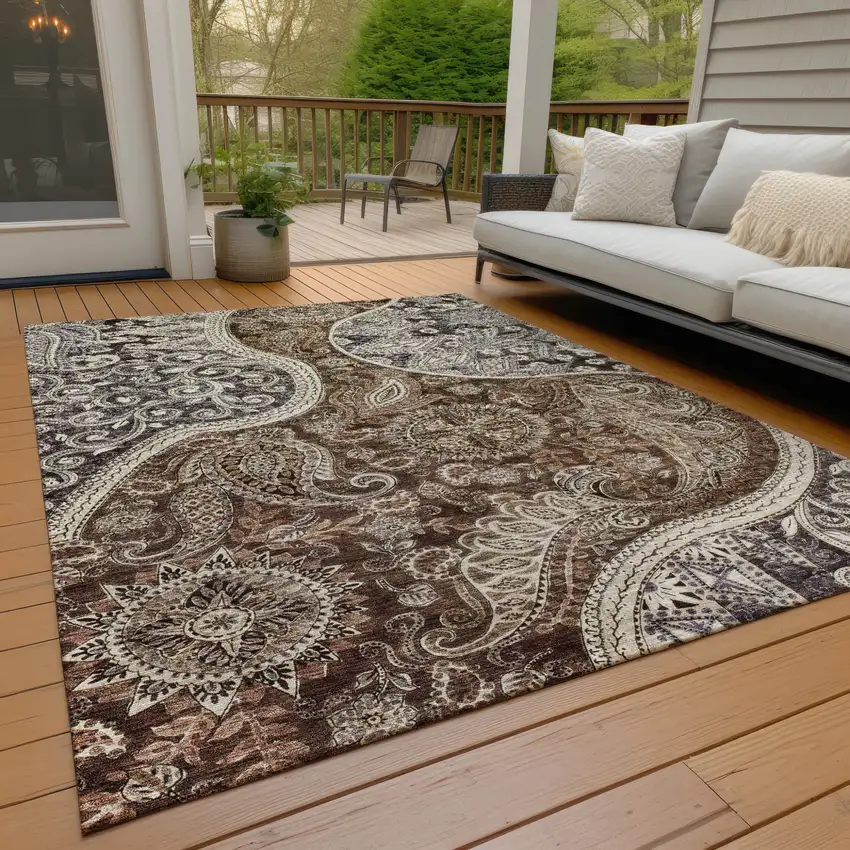 Brown Beige And Tan Floral Medallion Washable Indoor Outdoor Area Rug Photo 9
