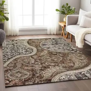 Photo of Brown Beige And Tan Floral Medallion Washable Indoor Outdoor Area Rug