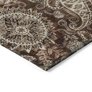 Photo of Brown Beige And Tan Floral Medallion Washable Indoor Outdoor Area Rug