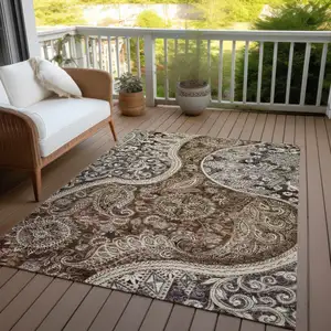 Photo of Brown Beige And Tan Floral Medallion Washable Indoor Outdoor Area Rug