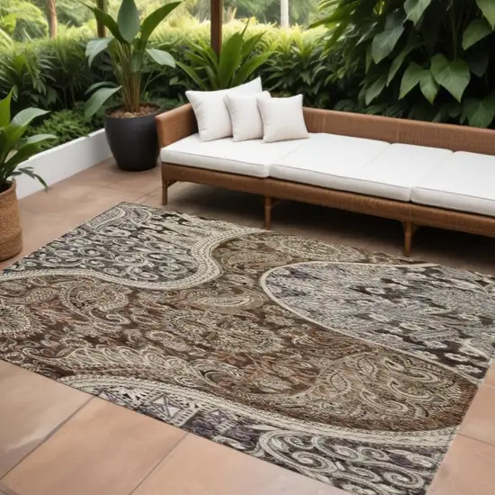 Brown Beige And Tan Floral Medallion Washable Indoor Outdoor Area Rug Photo 1
