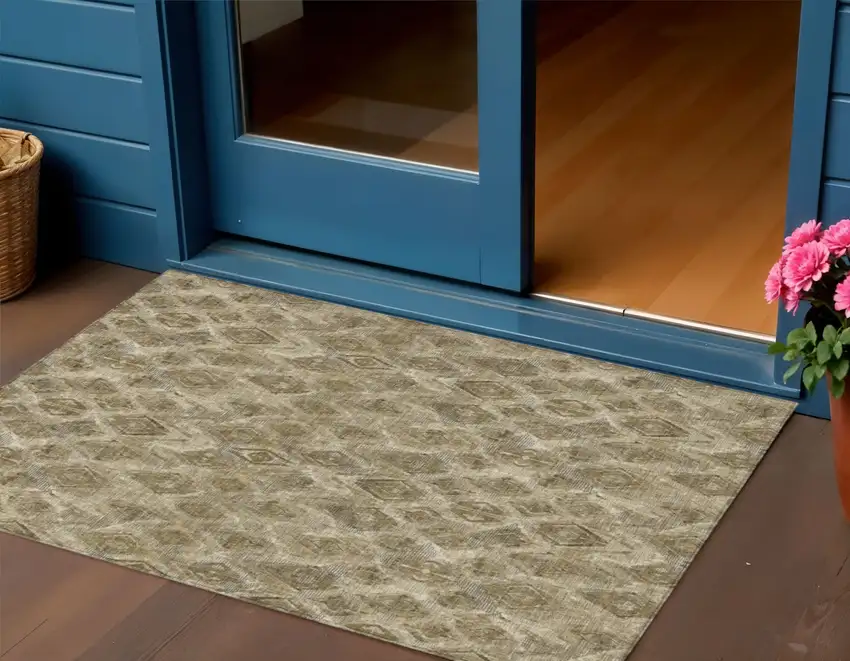 Brown Beige And Tan Geometric Washable Indoor Outdoor Area Rug Photo 1