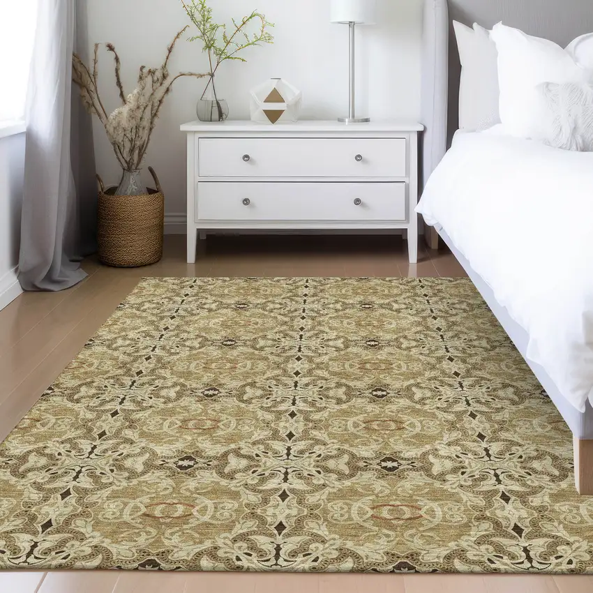 Brown Beige And Tan Medallion Washable Indoor Outdoor Area Rug Photo 8
