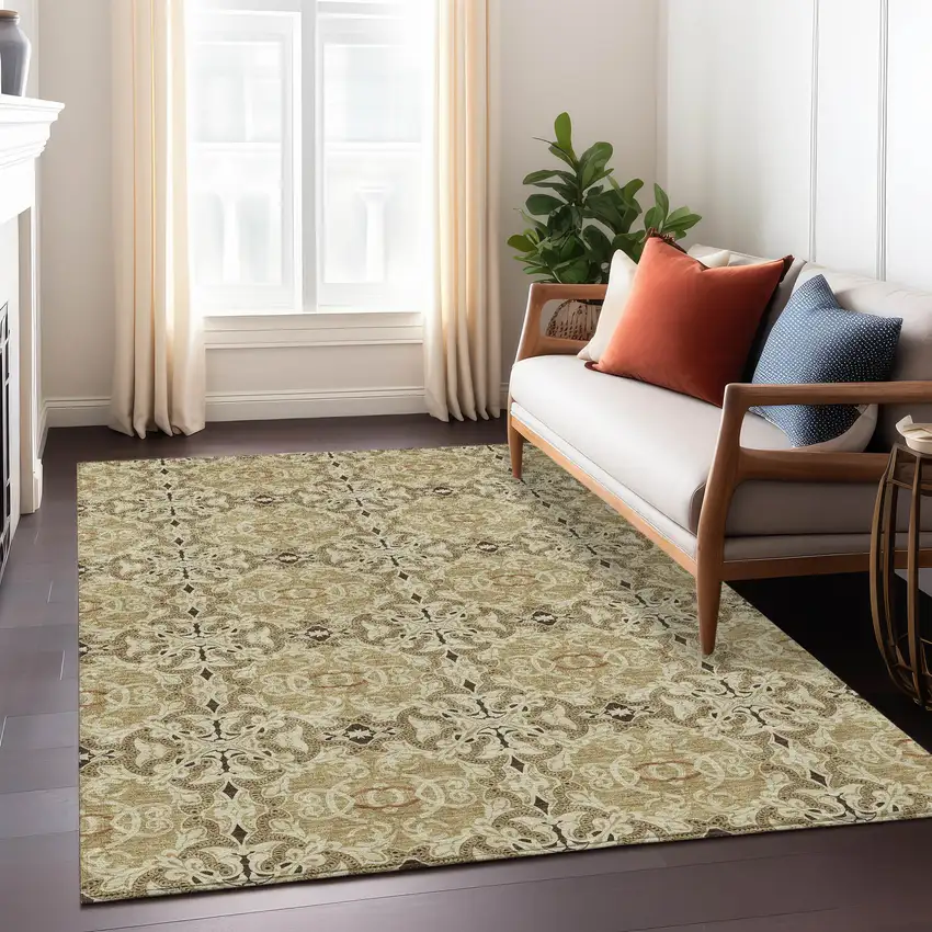 Brown Beige And Tan Medallion Washable Indoor Outdoor Area Rug Photo 9