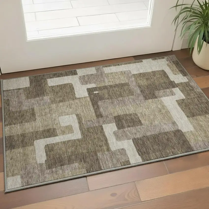 Brown Beige And Taupe Abstract Geometric Washable Area Rug With UV Protection Photo 2