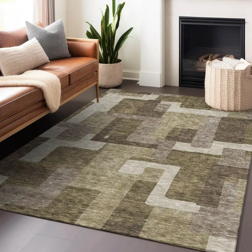 Brown Beige And Taupe Abstract Geometric Washable Area Rug With UV Protection Photo 5