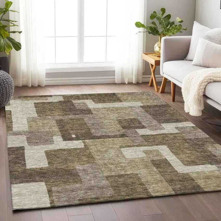 Brown Beige And Taupe Abstract Geometric Washable Area Rug With UV Protection Photo 4