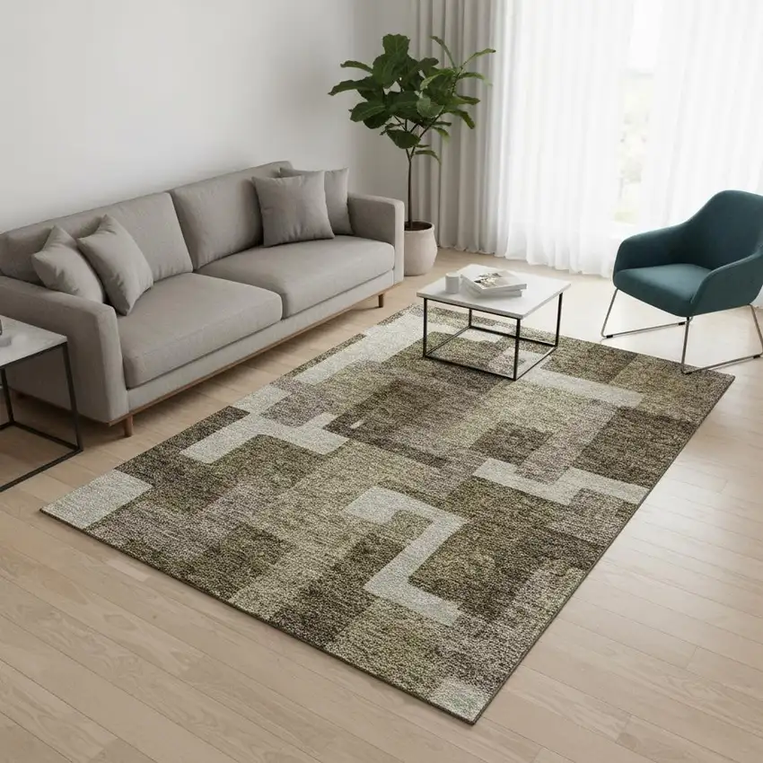 Brown Beige And Taupe Abstract Geometric Washable Area Rug With UV Protection Photo 2