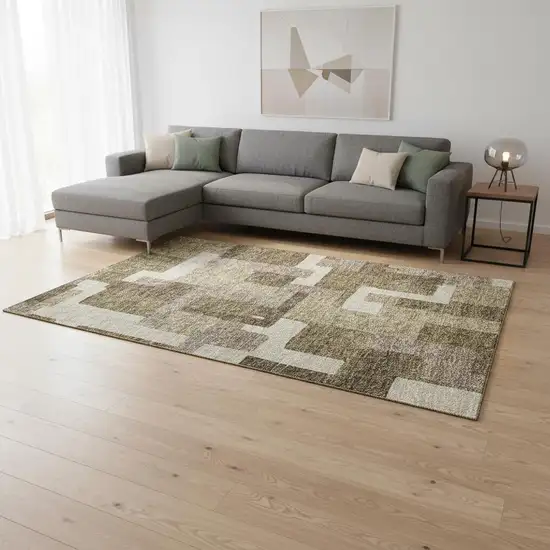 Brown Beige And Taupe Abstract Geometric Washable Area Rug With UV Protection Photo 2