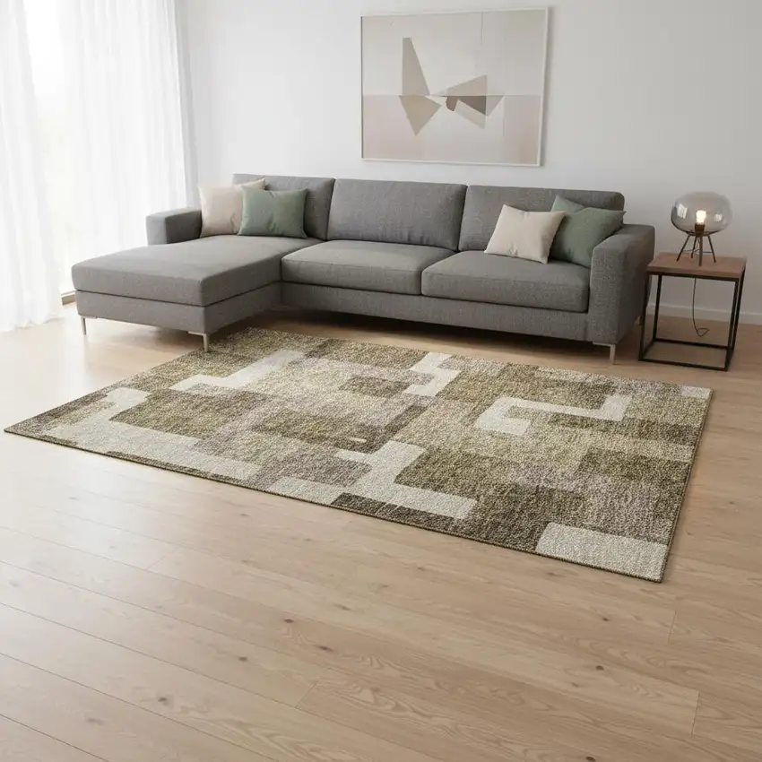 Brown Beige And Taupe Abstract Geometric Washable Area Rug With UV Protection Photo 2