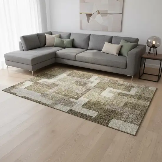 Brown Beige And Taupe Abstract Geometric Washable Area Rug With UV Protection Photo 2