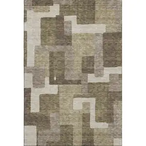Photo of Brown Beige And Taupe Abstract Geometric Washable Area Rug With UV Protection