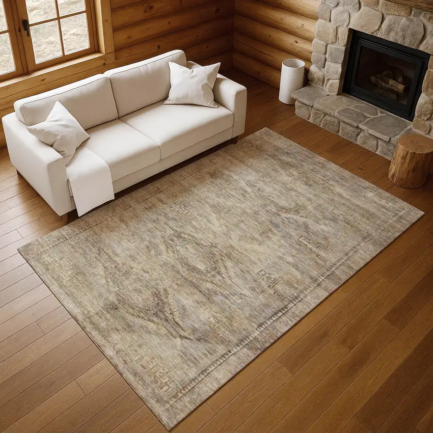 Brown Beige And Taupe Abstract Geometric Washable Area Rug With UV Protection Photo 1