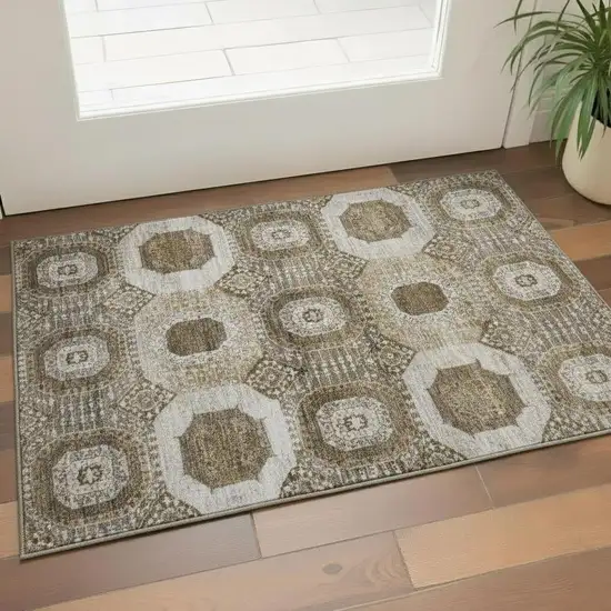 Brown Beige And Taupe Abstract Geometric Washable Area Rug With UV Protection Photo 2