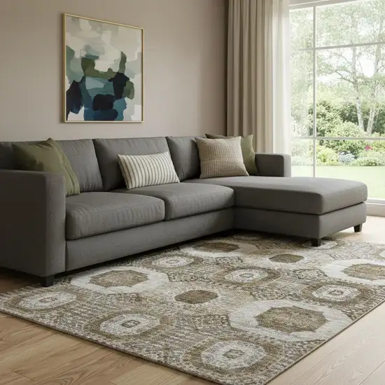 Brown Beige And Taupe Abstract Geometric Washable Area Rug With UV Protection Photo 2