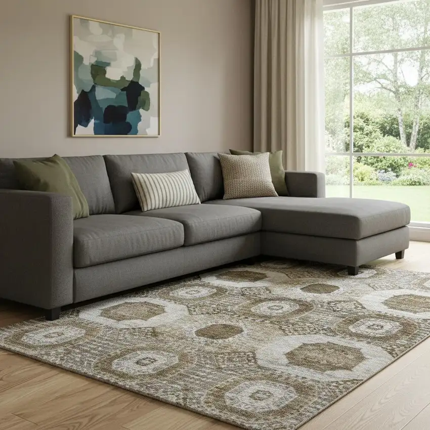 Brown Beige And Taupe Abstract Geometric Washable Area Rug With UV Protection Photo 2