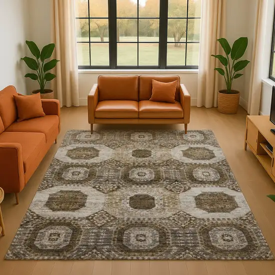 Brown Beige And Taupe Abstract Geometric Washable Area Rug With UV Protection Photo 5