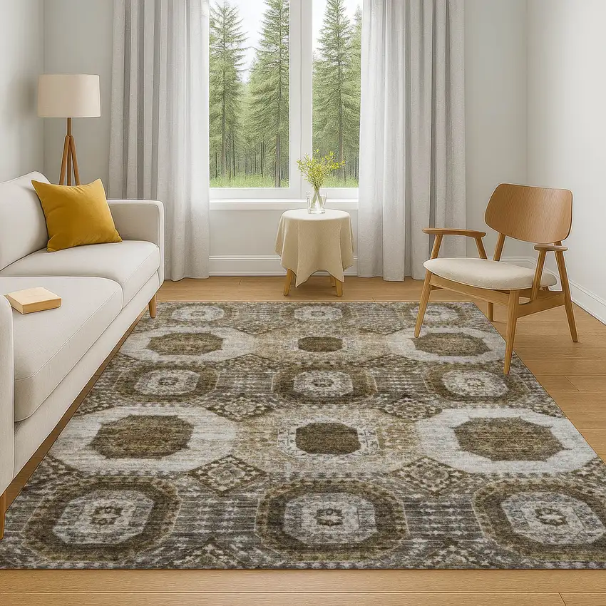 Brown Beige And Taupe Abstract Geometric Washable Area Rug With UV Protection Photo 6