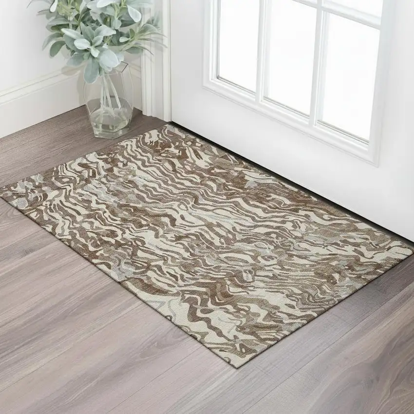 Brown Beige And Taupe Abstract Washable Area Rug With UV Protection Photo 2