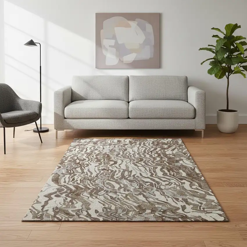 Brown Beige And Taupe Abstract Washable Area Rug With UV Protection Photo 2