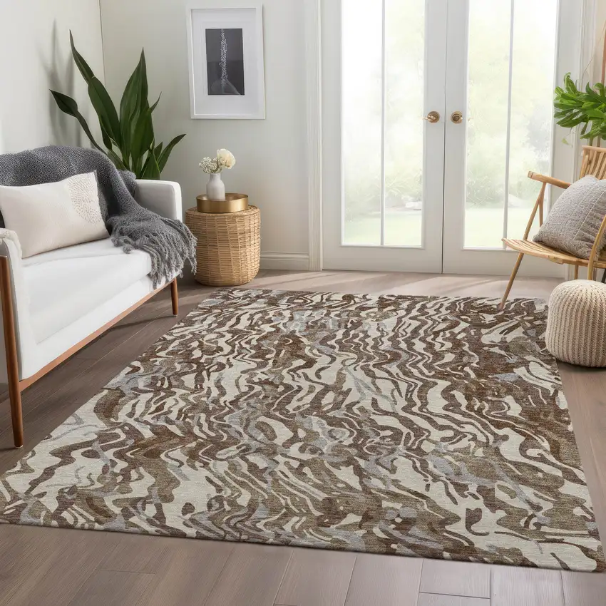 Brown Beige And Taupe Abstract Washable Area Rug With UV Protection Photo 5