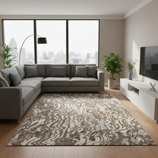 Brown Beige And Taupe Abstract Washable Area Rug With UV Protection Photo 2