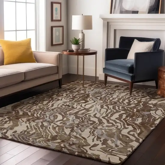 Brown Beige And Taupe Abstract Washable Area Rug With UV Protection Photo 4
