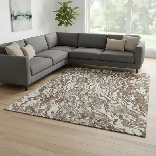 Brown Beige And Taupe Abstract Washable Area Rug With UV Protection Photo 2
