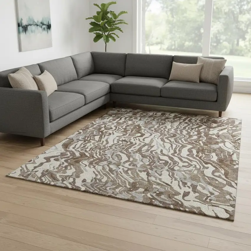 Brown Beige And Taupe Abstract Washable Area Rug With UV Protection Photo 2