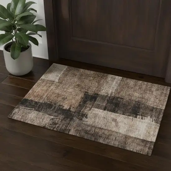 Brown Beige And Taupe Abstract Washable Area Rug With UV Protection Photo 1