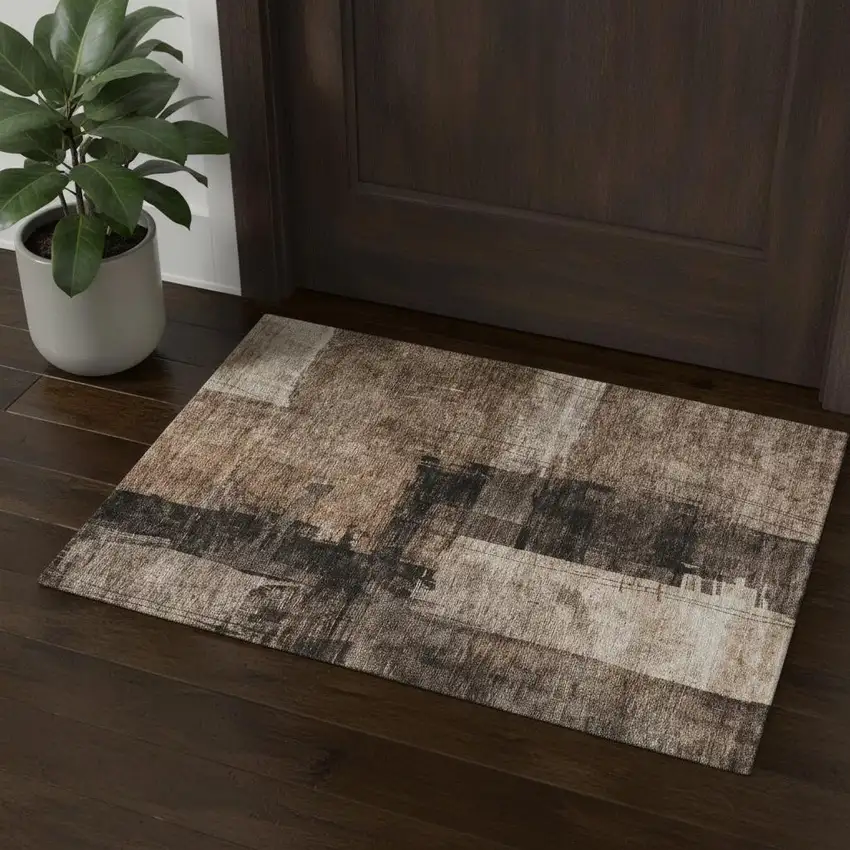 Brown Beige And Taupe Abstract Washable Area Rug With UV Protection Photo 1