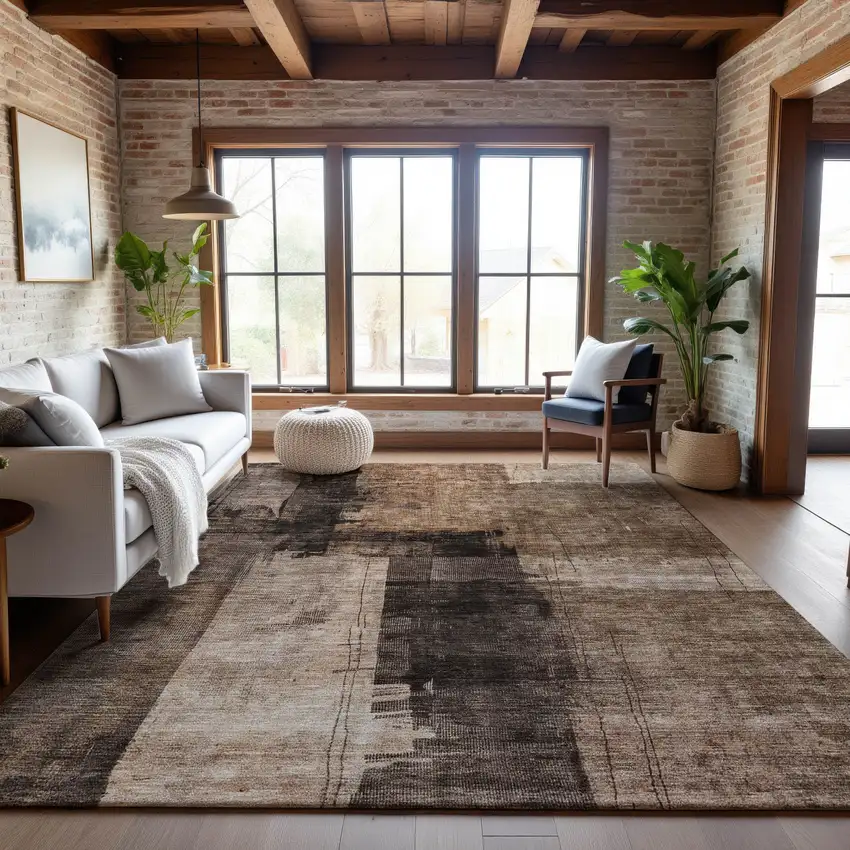 Brown Beige And Taupe Abstract Washable Area Rug With UV Protection Photo 2