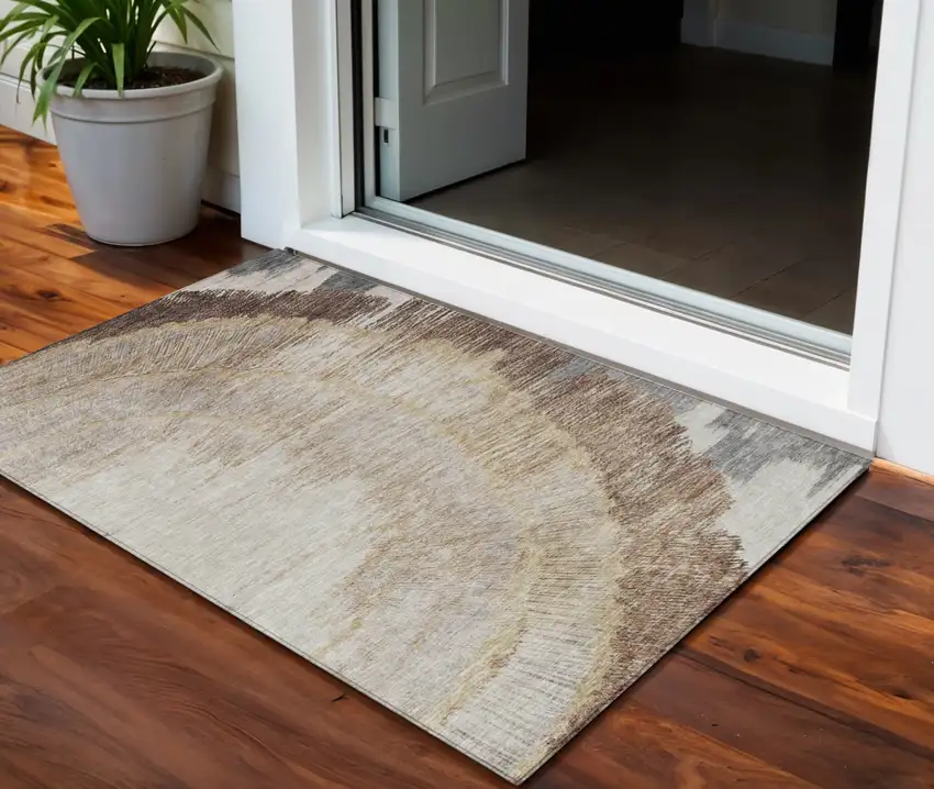 Brown Beige And Taupe Abstract Washable Indoor Outdoor Area Rug Photo 1