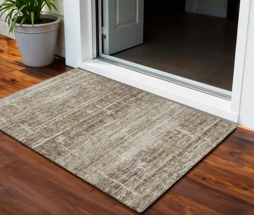 Brown Beige And Taupe Abstract Washable Indoor Outdoor Area Rug Photo 1