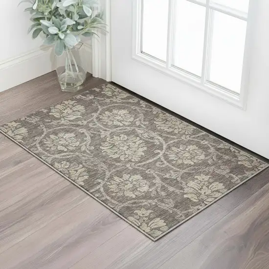 Brown Beige And Taupe Floral Washable Area Rug With UV Protection Photo 2