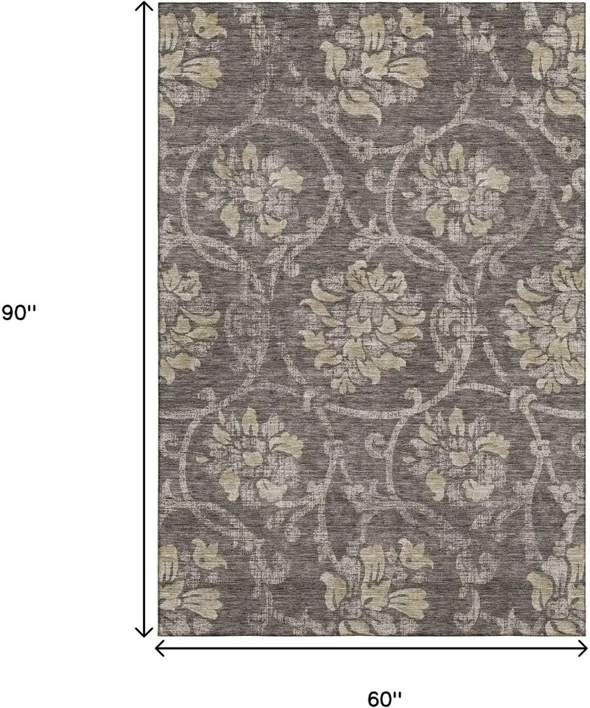 Brown Beige And Taupe Floral Washable Area Rug With UV Protection Photo 3