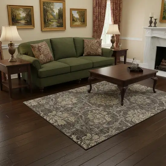 Brown Beige And Taupe Floral Washable Area Rug With UV Protection Photo 2