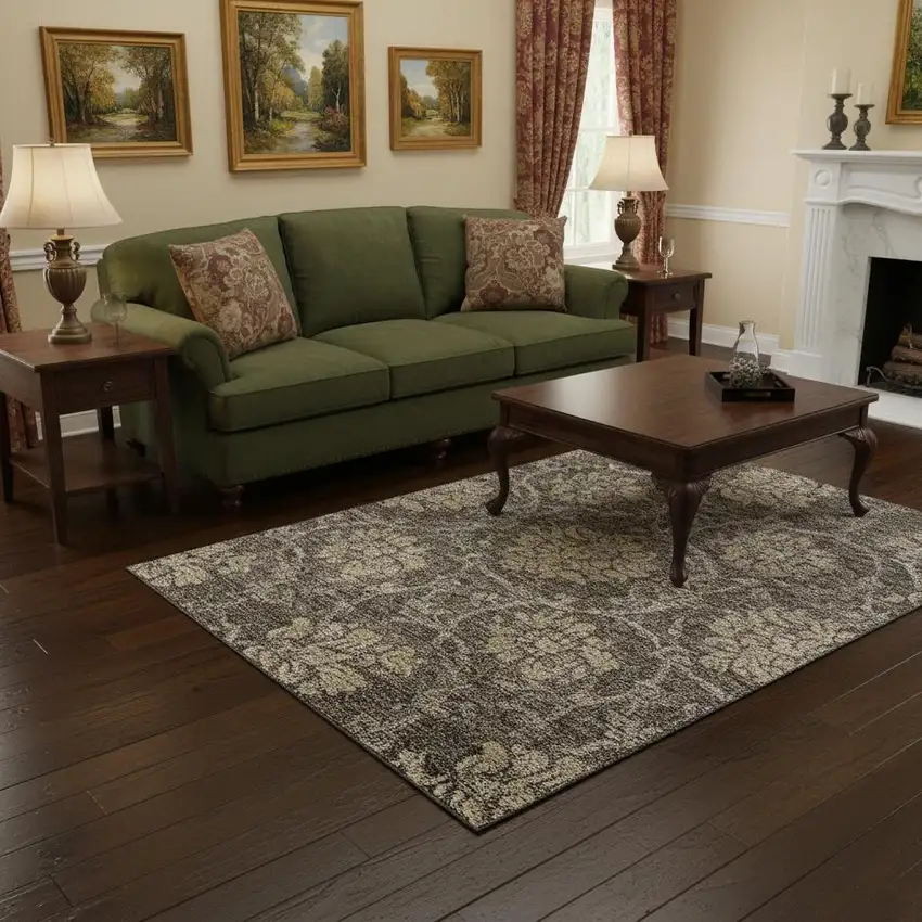 Brown Beige And Taupe Floral Washable Area Rug With UV Protection Photo 2